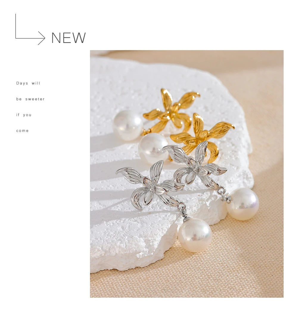 Elysium Waterproof Flower Imitation Pearls Drop Earrings for Women New Stainless Steel Korean Elegant Fashion Jewelry Accessories