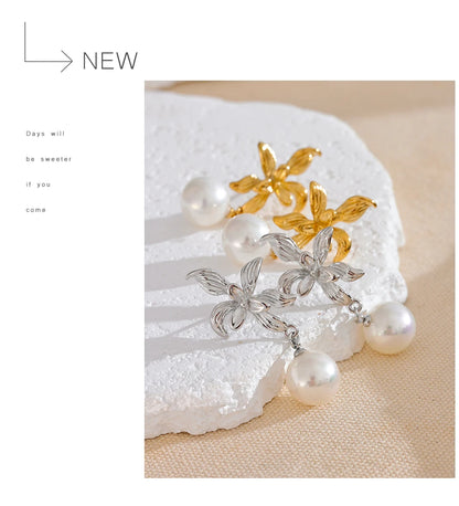 Elysium Waterproof Flower Imitation Pearls Drop Earrings for Women New Stainless Steel Korean Elegant Fashion Jewelry Accessories