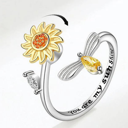 Shining Crystal Sunflower And Bee Fidget Spinner Rings For Women Anti Anxiety Control Anti Stress Rotating Ring Girls Gift