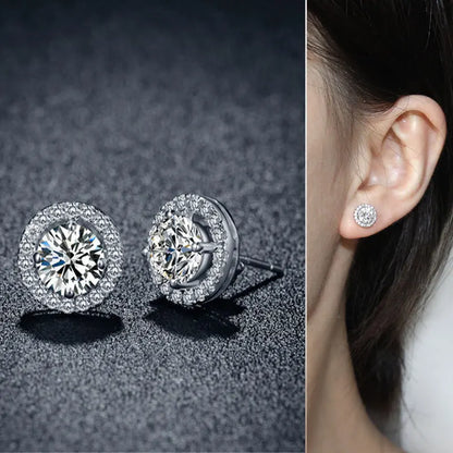 925 Sterling Silver Female Luxury Crystal Round Stud Earrings Vintage Wedding Jewelry White Zircon Stone Earrings For Women
