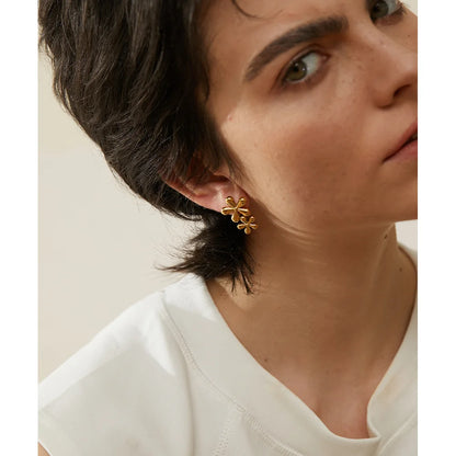 Elysium 316L Stainless Steel Flower Stud Earrings Fashion Metal 18K Gold Color Plated Rust Proof Texture Charm Jewelry for Women
