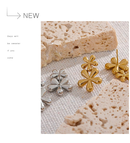 Elysium 316L Stainless Steel Flower Stud Earrings Fashion Metal 18K Gold Color Plated Rust Proof Texture Charm Jewelry for Women