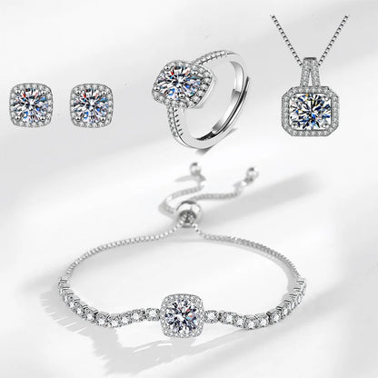 925 Sterling Silver Color Jewelry Gift Sets for Women Female Romantic Heart Zircon Huggie Earrings Pendant Necklace Ring