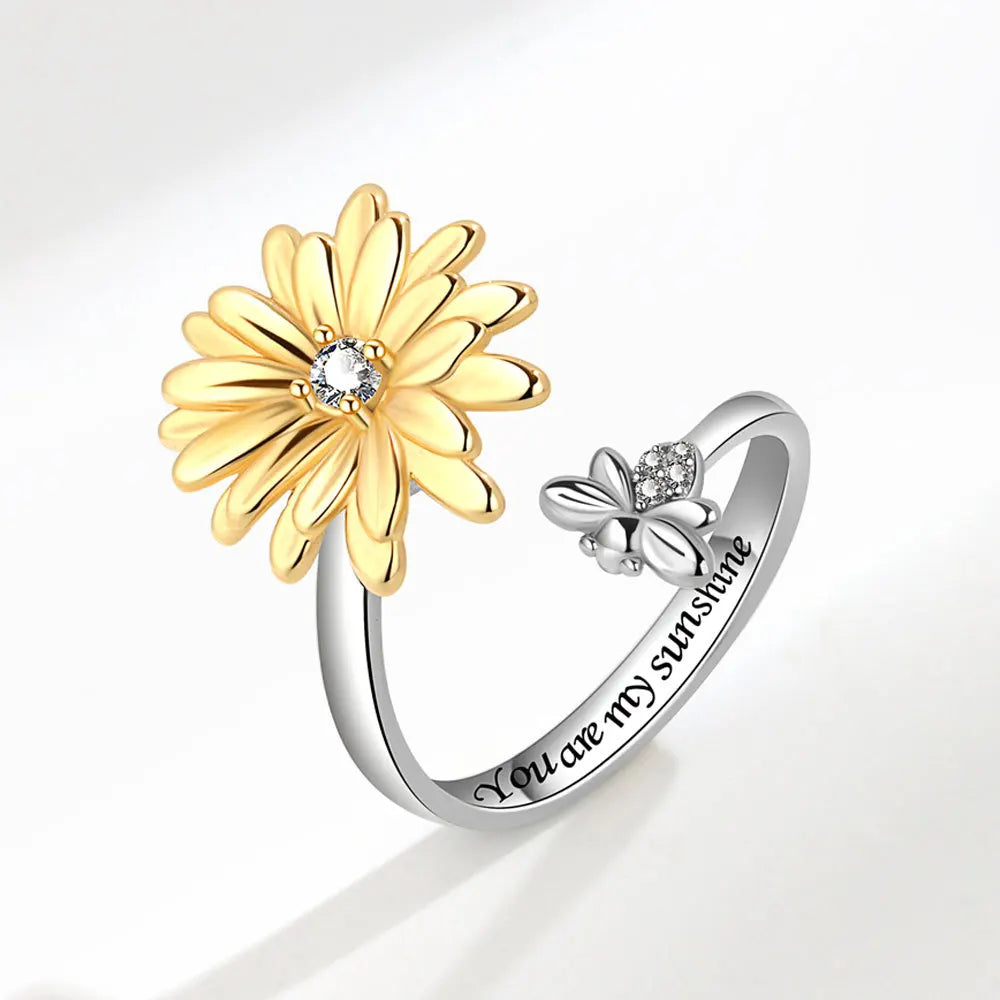 Shining Crystal Sunflower And Bee Fidget Spinner Rings For Women Anti Anxiety Control Anti Stress Rotating Ring Girls Gift