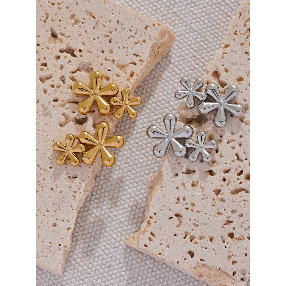 Elysium 316L Stainless Steel Flower Stud Earrings Fashion Metal 18K Gold Color Plated Rust Proof Texture Charm Jewelry for Women