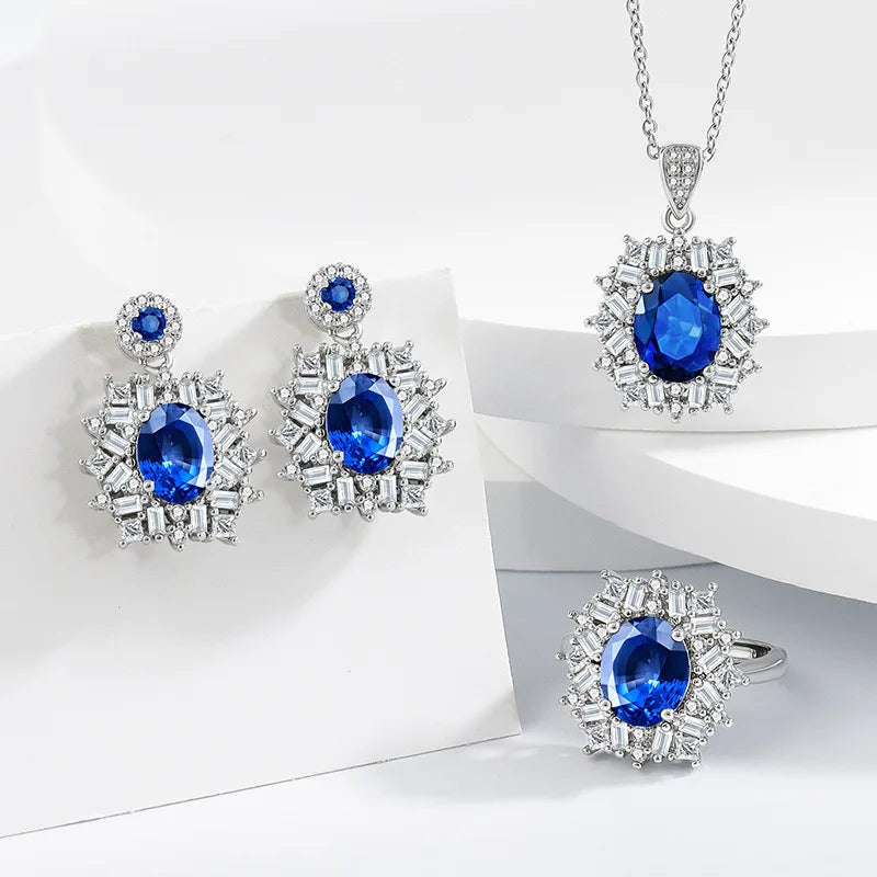 925 Sterling Silver Elegant Jewelry Sets Ring Earrings Necklace For Women Rectangle Geometry Zircon Wedding Accessories