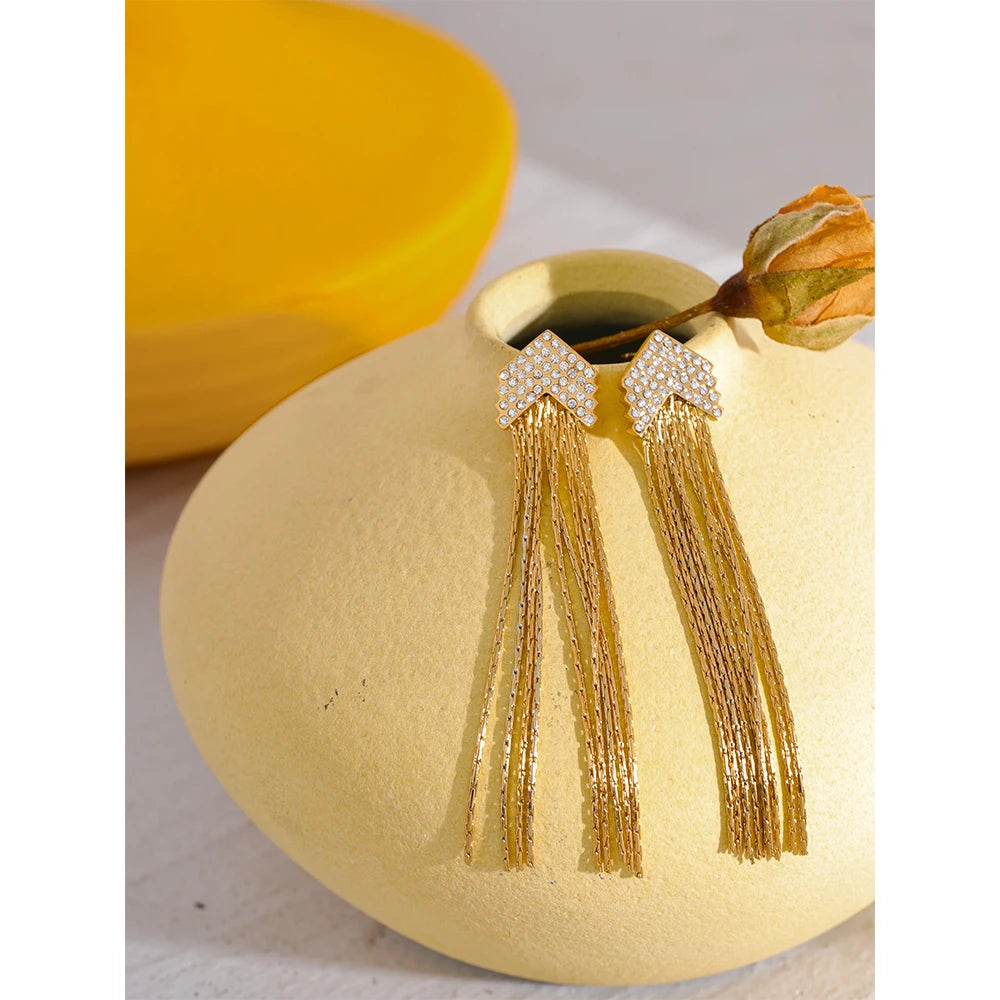 Elysium Fashion Arrow Cubic Zirconia Stainless Steel Long Tassel Drop Dangle Earrings for Women Gold Color Party Trendy Jewelry