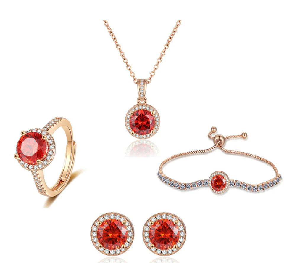 925 Sterling Silver Color Jewelry Gift Sets for Women Female Romantic Heart Zircon Huggie Earrings Pendant Necklace Ring