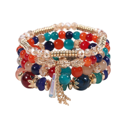 WG Multilaye Bohemian Stackable Beads Bracelet Imitation Agate Chain Tassel Colored Glass Crystal Bracelet Jewelry
