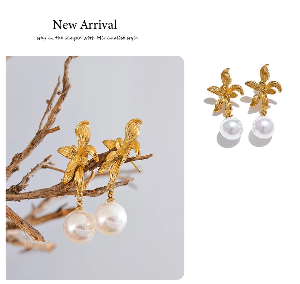 Elysium Waterproof Flower Imitation Pearls Drop Earrings for Women New Stainless Steel Korean Elegant Fashion Jewelry Accessories