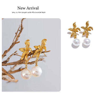 Elysium Waterproof Flower Imitation Pearls Drop Earrings for Women New Stainless Steel Korean Elegant Fashion Jewelry Accessories