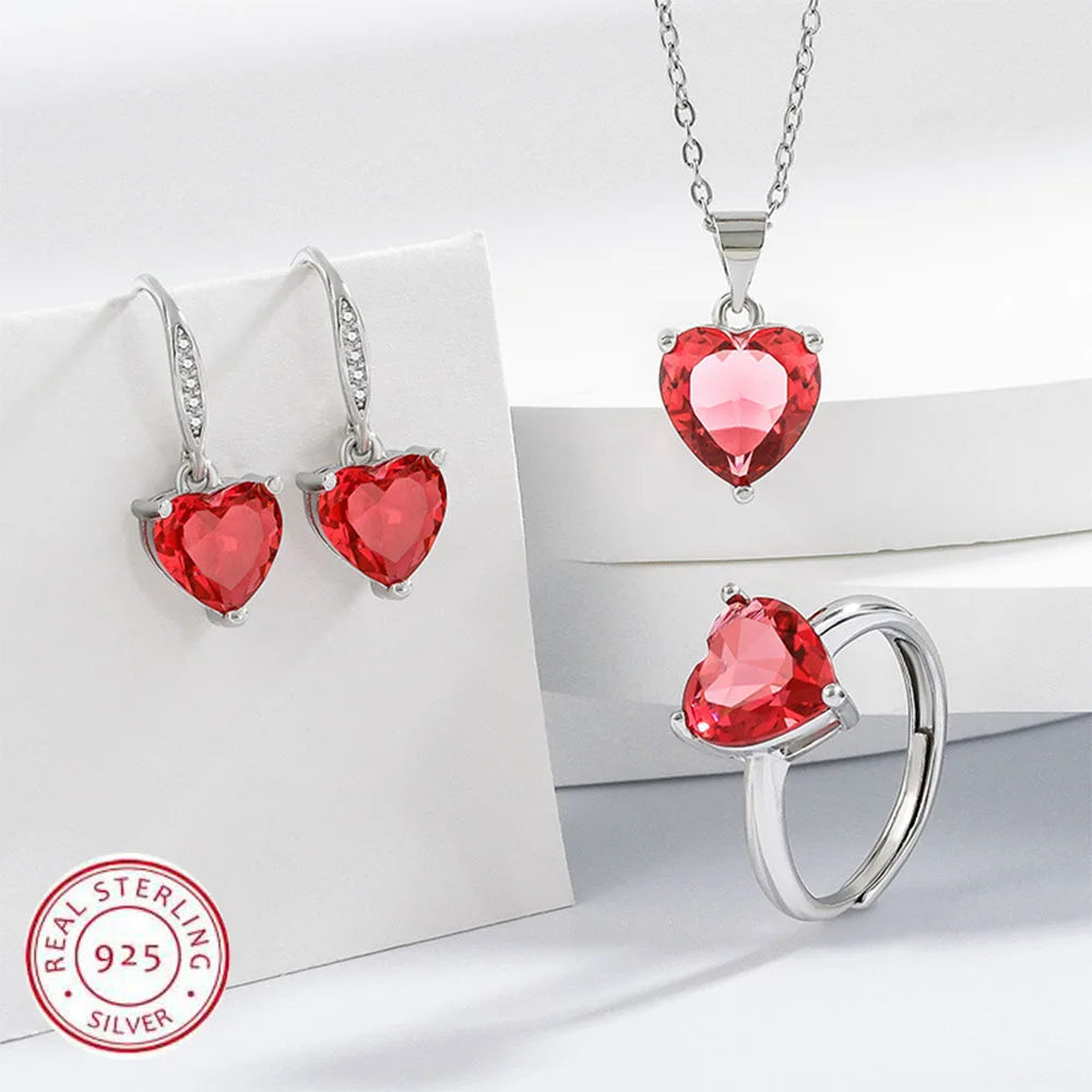 925 Sterling Silver Jewelry Sets For Women Heart Zircon Ring Earrings Necklace Wedding Bridal Elegant Christmas