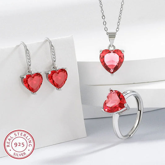 925 Sterling Silver Jewelry Sets For Women Heart Zircon Ring Earrings Necklace Wedding Bridal Elegant Christmas