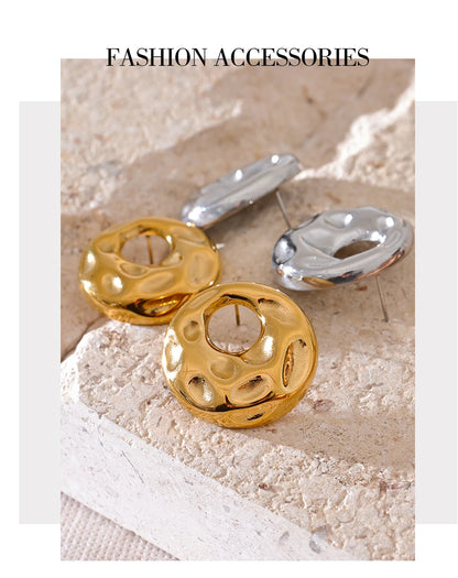 Elysium  New Hammer Stainless Steel Metal Round Hollow Stud Earrings for Women Individualistic Versatile Jewelry Waterproof Gift