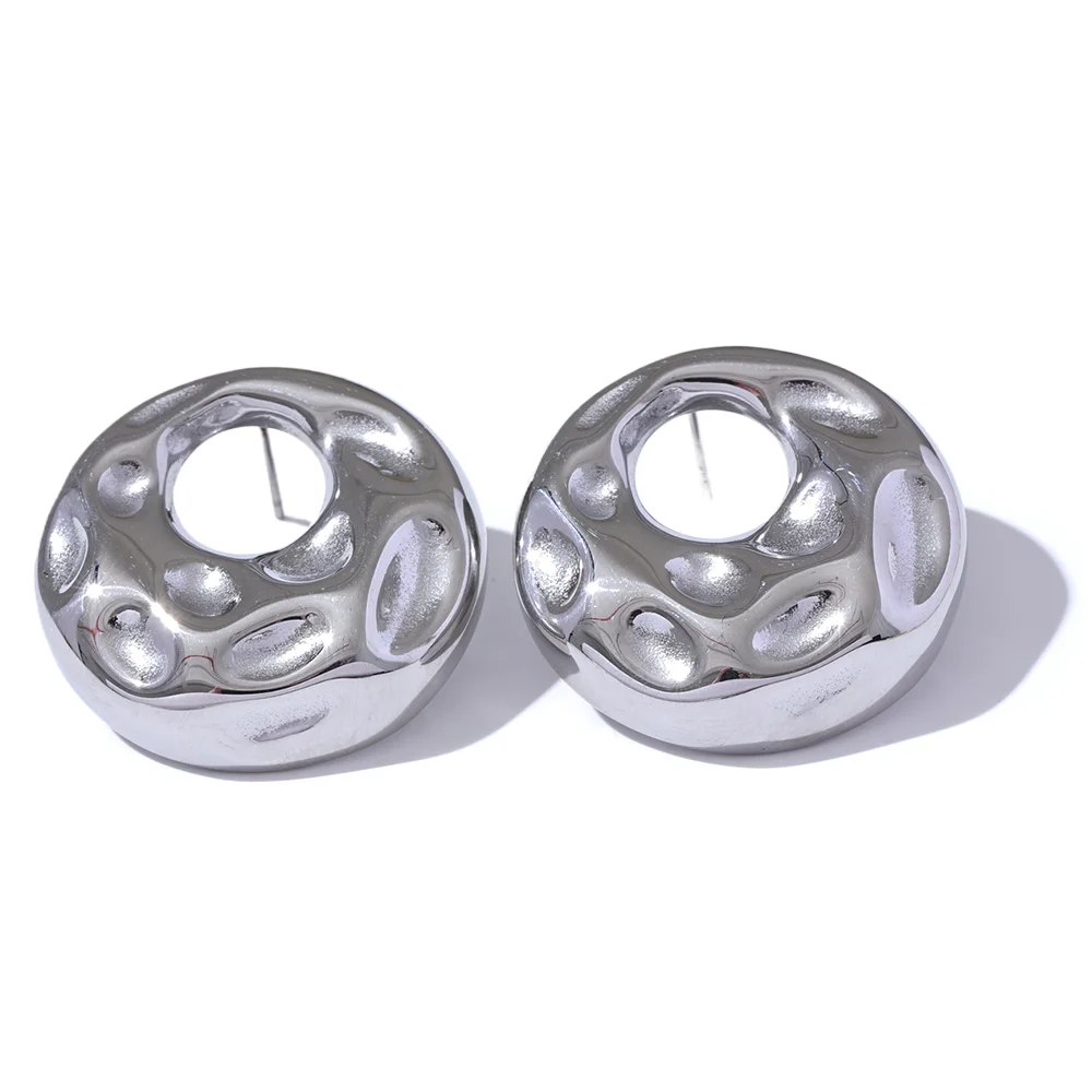 Elysium  New Hammer Stainless Steel Metal Round Hollow Stud Earrings for Women Individualistic Versatile Jewelry Waterproof Gift