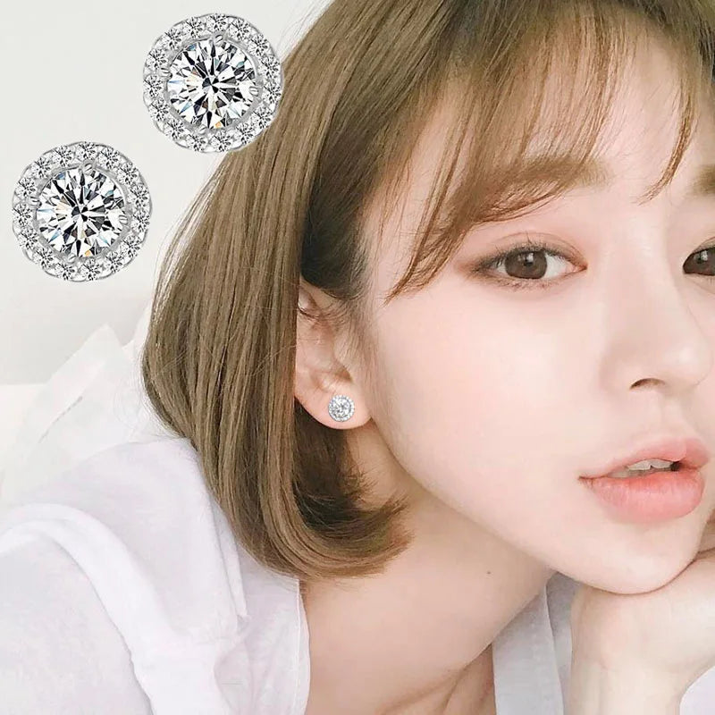 925 Sterling Silver Female Luxury Crystal Round Stud Earrings Vintage Wedding Jewelry White Zircon Stone Earrings For Women