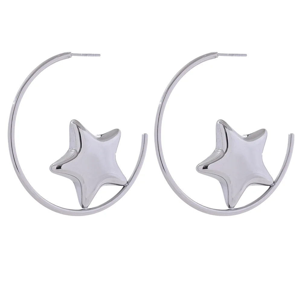 Elysium Trendy Stainless Steel Round Sleek Star Huggie Earrings for Women Prevent Allergy Metal Temperament Fashion Jewelry Gift
