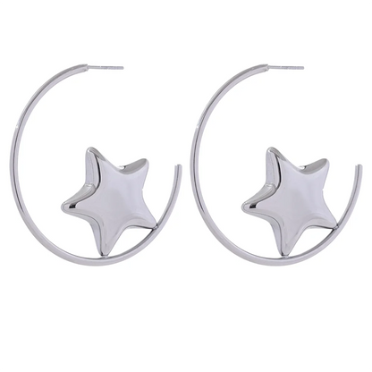 Elysium Trendy Stainless Steel Round Sleek Star Huggie Earrings for Women Prevent Allergy Metal Temperament Fashion Jewelry Gift