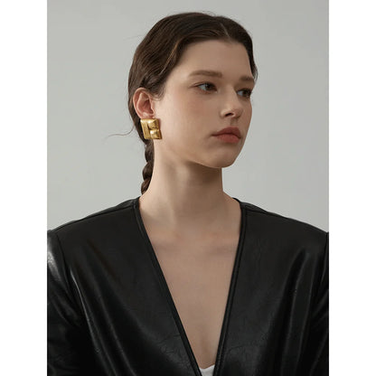 Elysium New Fashion 316L Stainless Steel Square Stud Earrings Charm Metal Texture 18K Gold Plated Waterproof Statement Jewelry