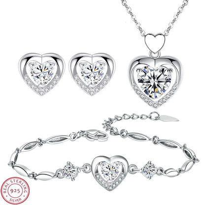 925 Sterling Silver Jewelry Sets For Women Heart Zircon Ring Earrings Necklace Wedding Bridal Elegant Christmas