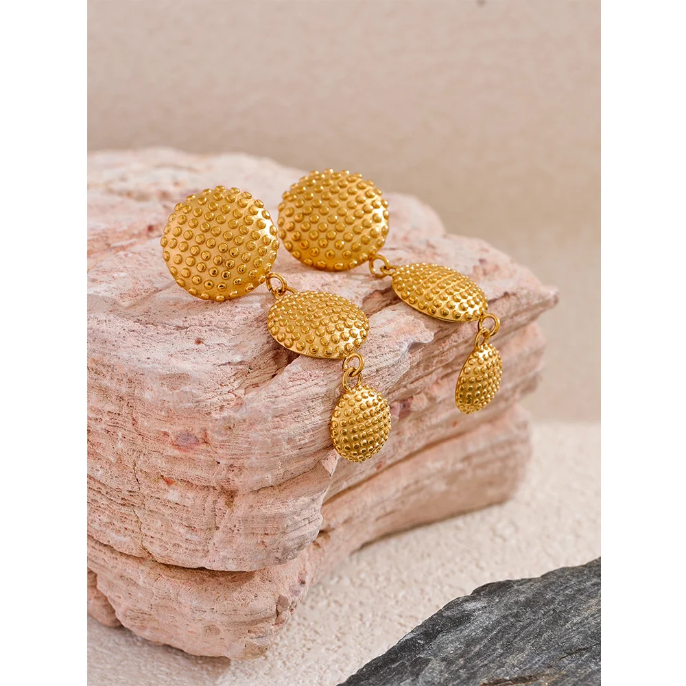 Elysium Distinctive Stainless Steel Round Long Drop Dangle Earrings Water Resistant Metal Gold Color Statement Fashion Jewelry