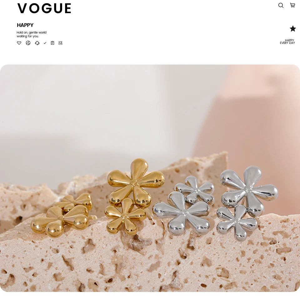 Elysium 316L Stainless Steel Flower Stud Earrings Fashion Metal 18K Gold Color Plated Rust Proof Texture Charm Jewelry for Women