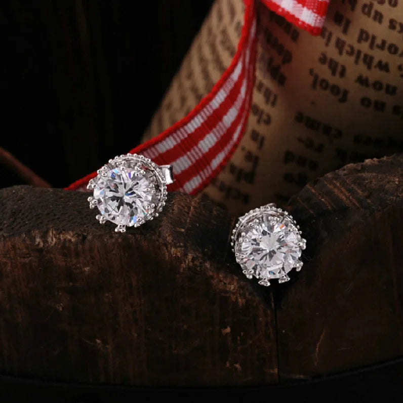 925 Sterling Silver Female Luxury Crystal Round Stud Earrings Vintage Wedding Jewelry White Zircon Stone Earrings For Women