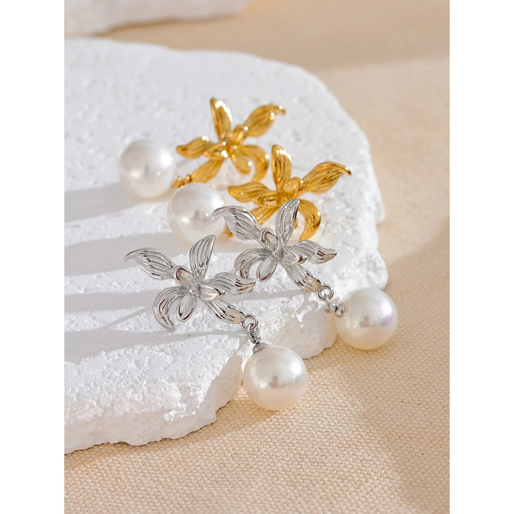 Elysium Waterproof Flower Imitation Pearls Drop Earrings for Women New Stainless Steel Korean Elegant Fashion Jewelry Accessories