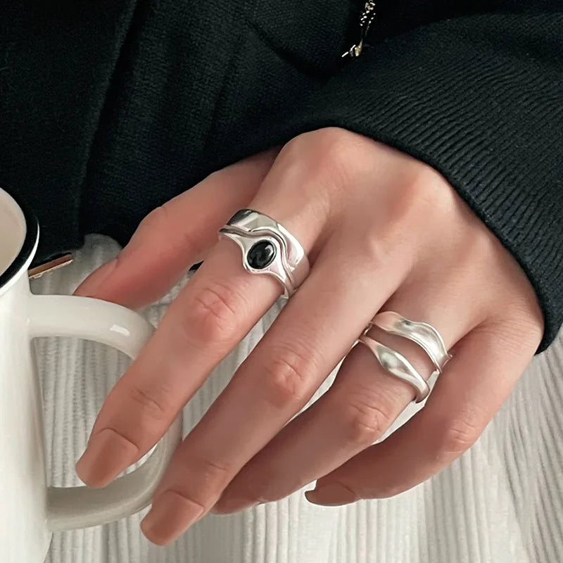 925 Sterling Silver Geometric Multilayer Round Bead Ring Female Fashion Punk Temperament Prevent Allergy Charm Jewelry