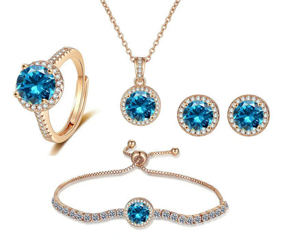 925 Sterling Silver Color Jewelry Gift Sets for Women Female Romantic Heart Zircon Huggie Earrings Pendant Necklace Ring