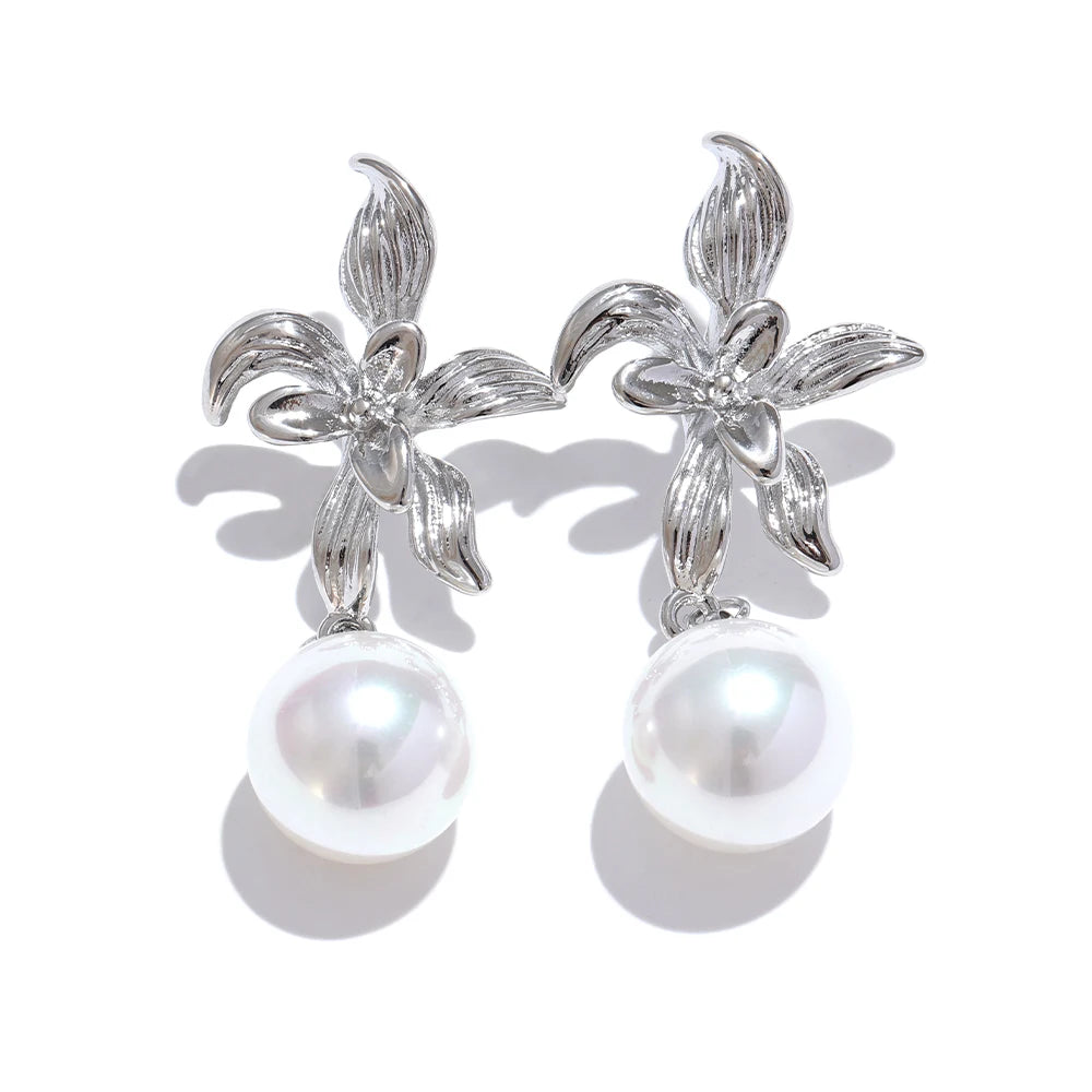 Elysium Waterproof Flower Imitation Pearls Drop Earrings for Women New Stainless Steel Korean Elegant Fashion Jewelry Accessories