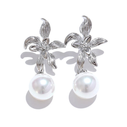 Elysium Waterproof Flower Imitation Pearls Drop Earrings for Women New Stainless Steel Korean Elegant Fashion Jewelry Accessories