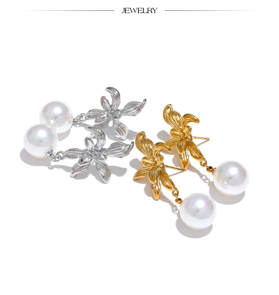 Elysium Waterproof Flower Imitation Pearls Drop Earrings for Women New Stainless Steel Korean Elegant Fashion Jewelry Accessories