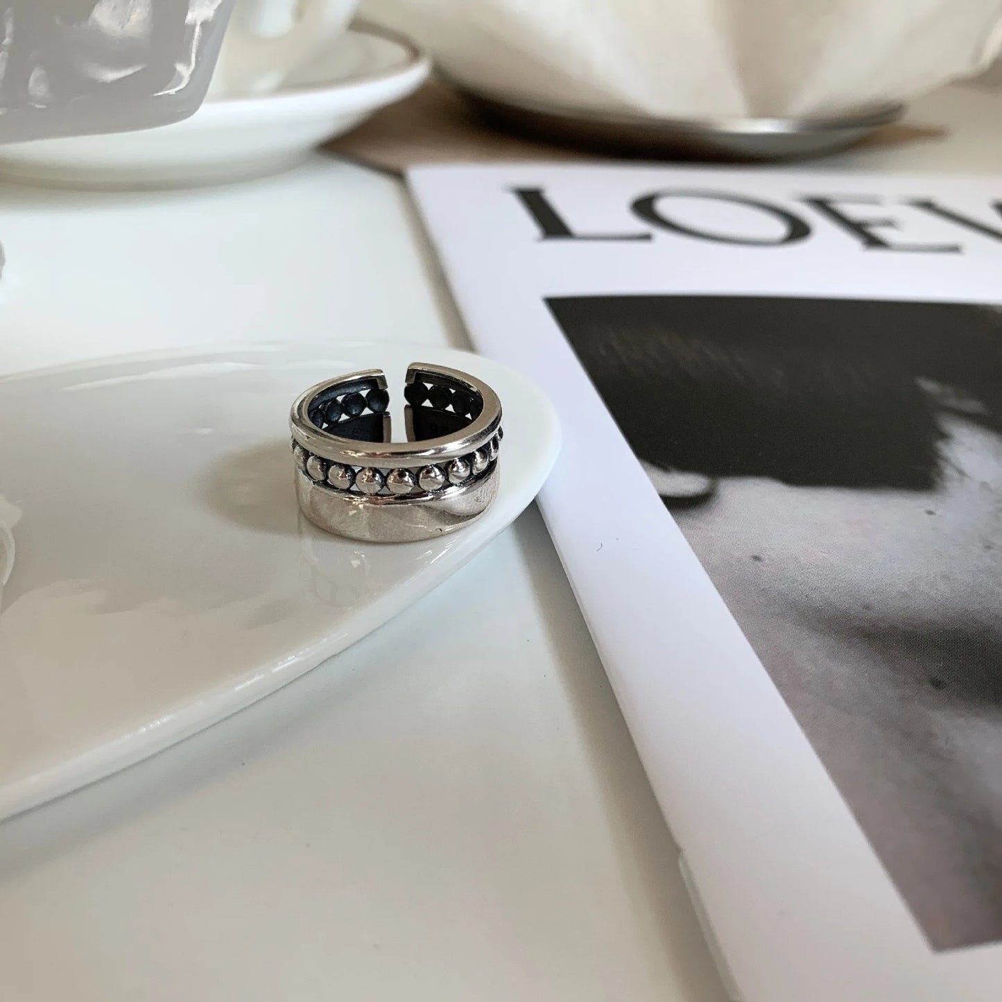 925 Sterling Silver Geometric Multilayer Round Bead Ring Female Fashion Punk Temperament Prevent Allergy Charm Jewelry
