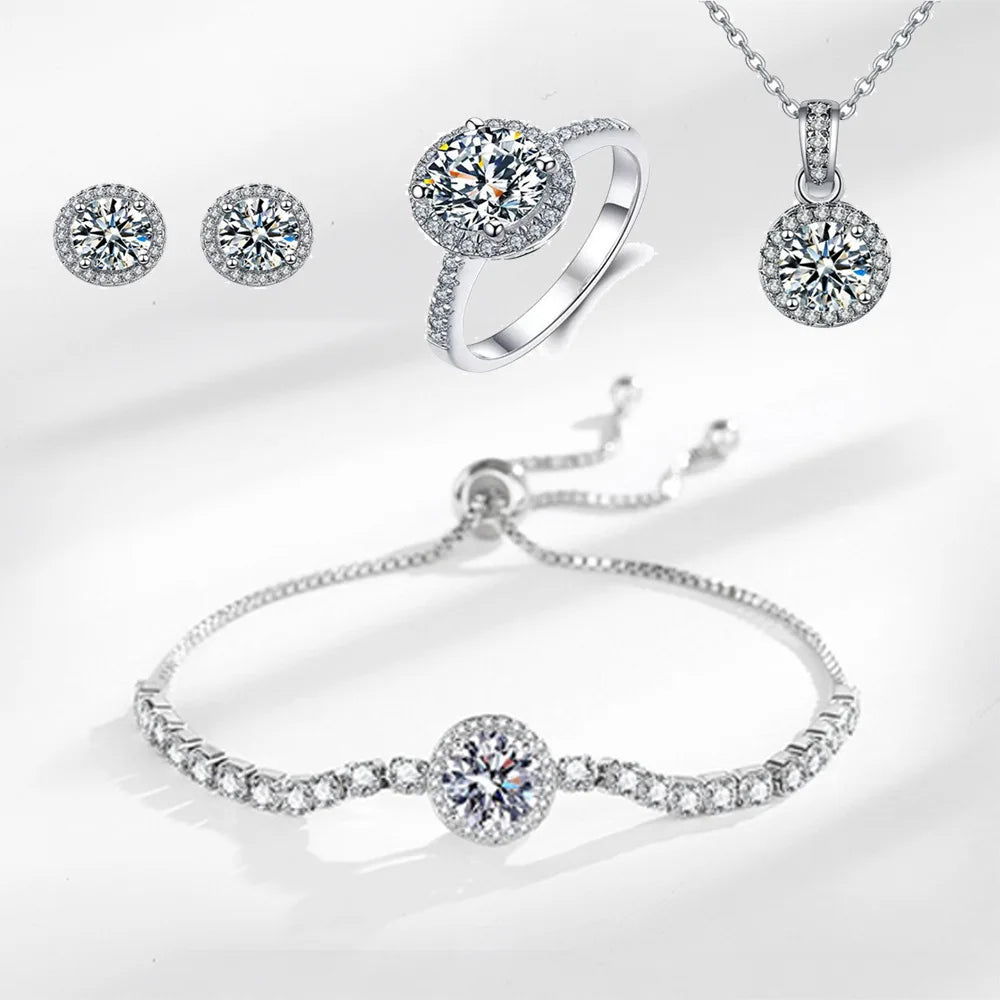 925 Sterling Silver Color Jewelry Gift Sets for Women Female Romantic Heart Zircon Huggie Earrings Pendant Necklace Ring