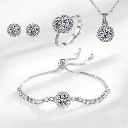 925 Sterling Silver Color Jewelry Gift Sets for Women Female Romantic Heart Zircon Huggie Earrings Pendant Necklace Ring