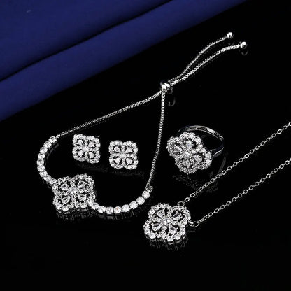925 Sterling Silver Color Jewelry Gift Sets for Women Female Romantic Heart Zircon Huggie Earrings Pendant Necklace Ring
