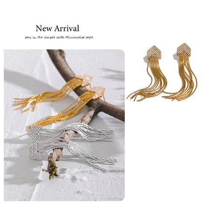 Elysium Fashion Arrow Cubic Zirconia Stainless Steel Long Tassel Drop Dangle Earrings for Women Gold Color Party Trendy Jewelry