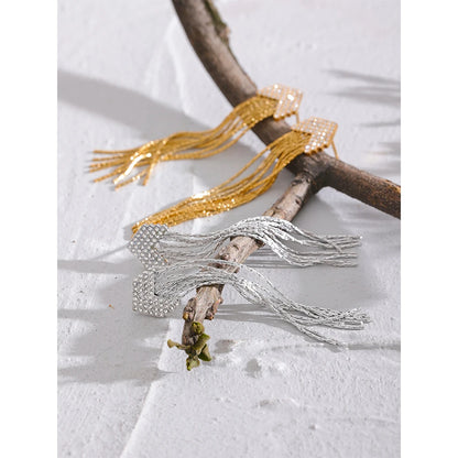 Elysium Fashion Arrow Cubic Zirconia Stainless Steel Long Tassel Drop Dangle Earrings for Women Gold Color Party Trendy Jewelry