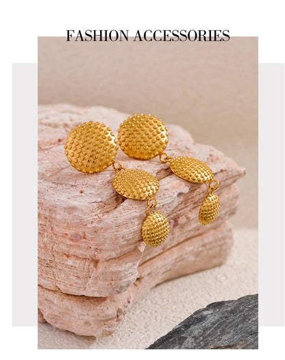 Elysium Distinctive Stainless Steel Round Long Drop Dangle Earrings Water Resistant Metal Gold Color Statement Fashion Jewelry