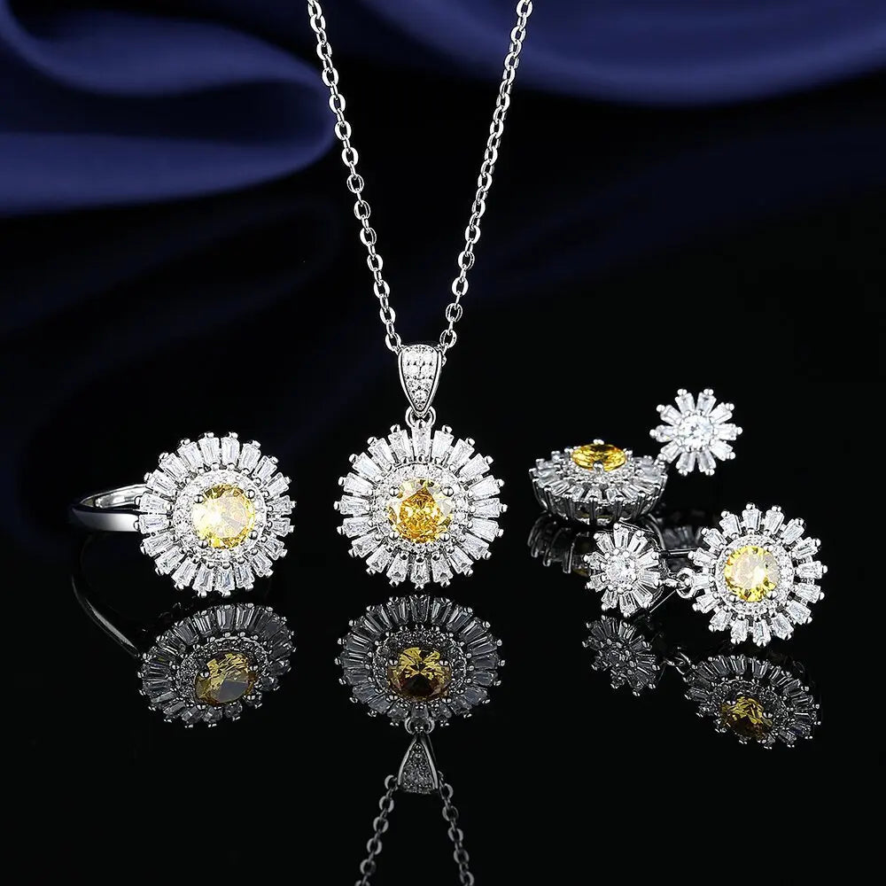 925 Sterling Silver Elegant Jewelry Sets Ring Earrings Necklace For Women Rectangle Geometry Zircon Wedding Accessories