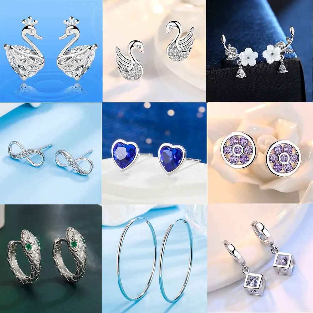 925 Silver Women Hoop Earrings Fashion Pendientes Gift For Female Girl Sparkling Pave CZ U Heart Shape Star Moon