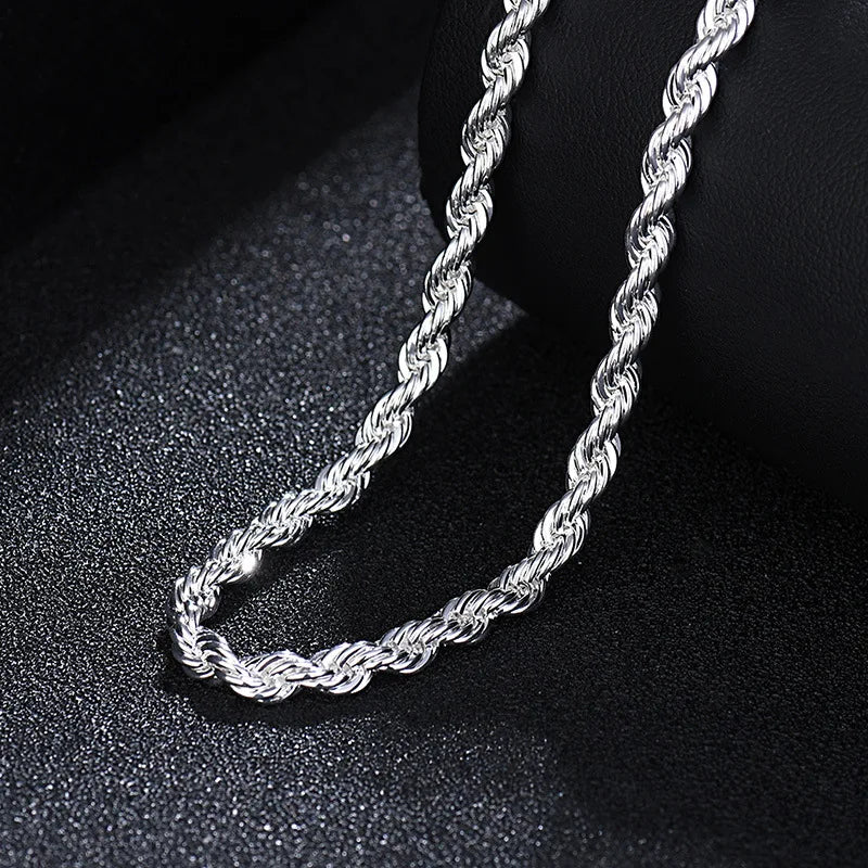 New 925 Sterling Silver 4MM Women Men chain Male Twisted Rope Necklace Fashion Silver Jewelry