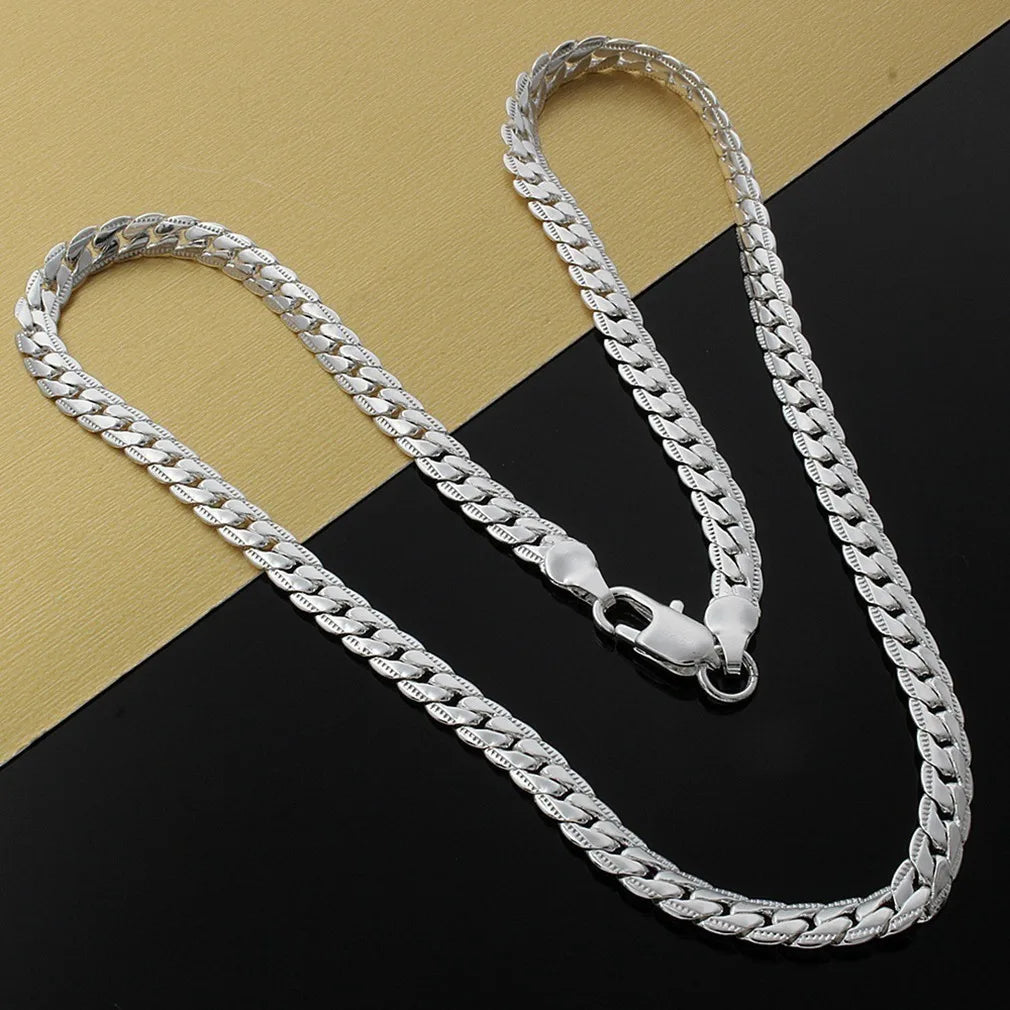New 925 Sterling Silver 2 Piece Full Sideways Chain Necklace Bracelet For Women Men Fashion Jewelry Sets Wedding Gift