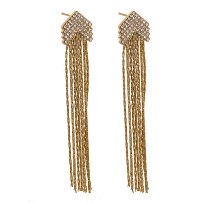 Elysium Fashion Arrow Cubic Zirconia Stainless Steel Long Tassel Drop Dangle Earrings for Women Gold Color Party Trendy Jewelry