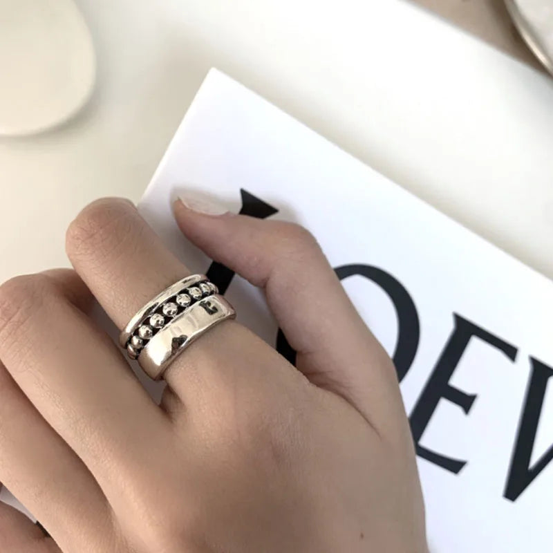 925 Sterling Silver Geometric Multilayer Round Bead Ring Female Fashion Punk Temperament Prevent Allergy Charm Jewelry