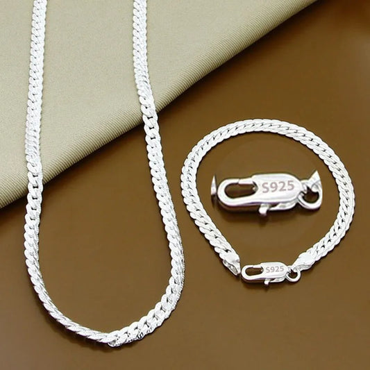 New 925 Sterling Silver 2 Piece Full Sideways Chain Necklace Bracelet For Women Men Fashion Jewelry Sets Wedding Gift