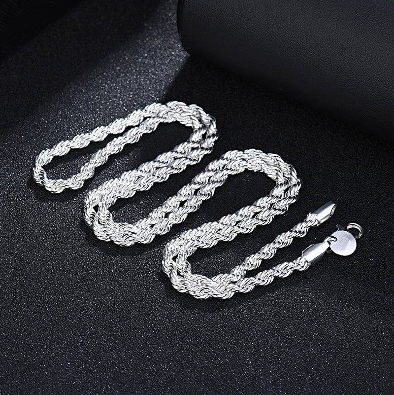 New 925 Sterling Silver 4MM Women Men chain Male Twisted Rope Necklace Fashion Silver Jewelry