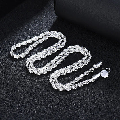 New 925 Sterling Silver 4MM Women Men chain Male Twisted Rope Necklace Fashion Silver Jewelry