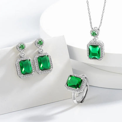 925 Sterling Silver Elegant Jewelry Sets Ring Earrings Necklace For Women Rectangle Geometry Zircon Wedding Accessories